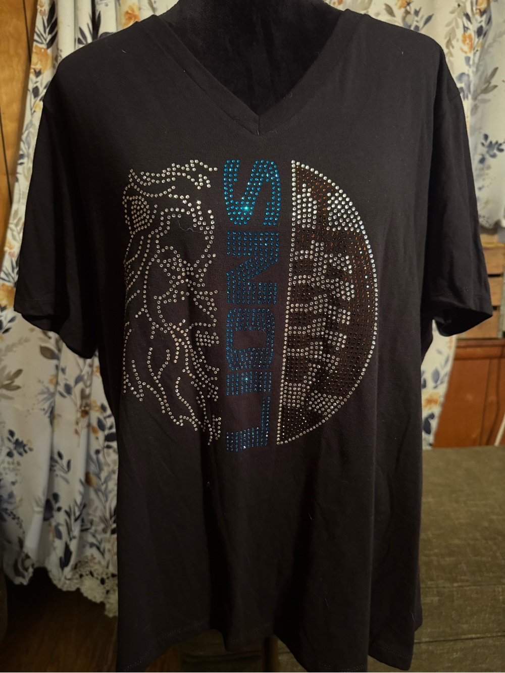 Bella Canvas Black V-Neck Shirt with Blue and Silver Stud Design Detroit Lions